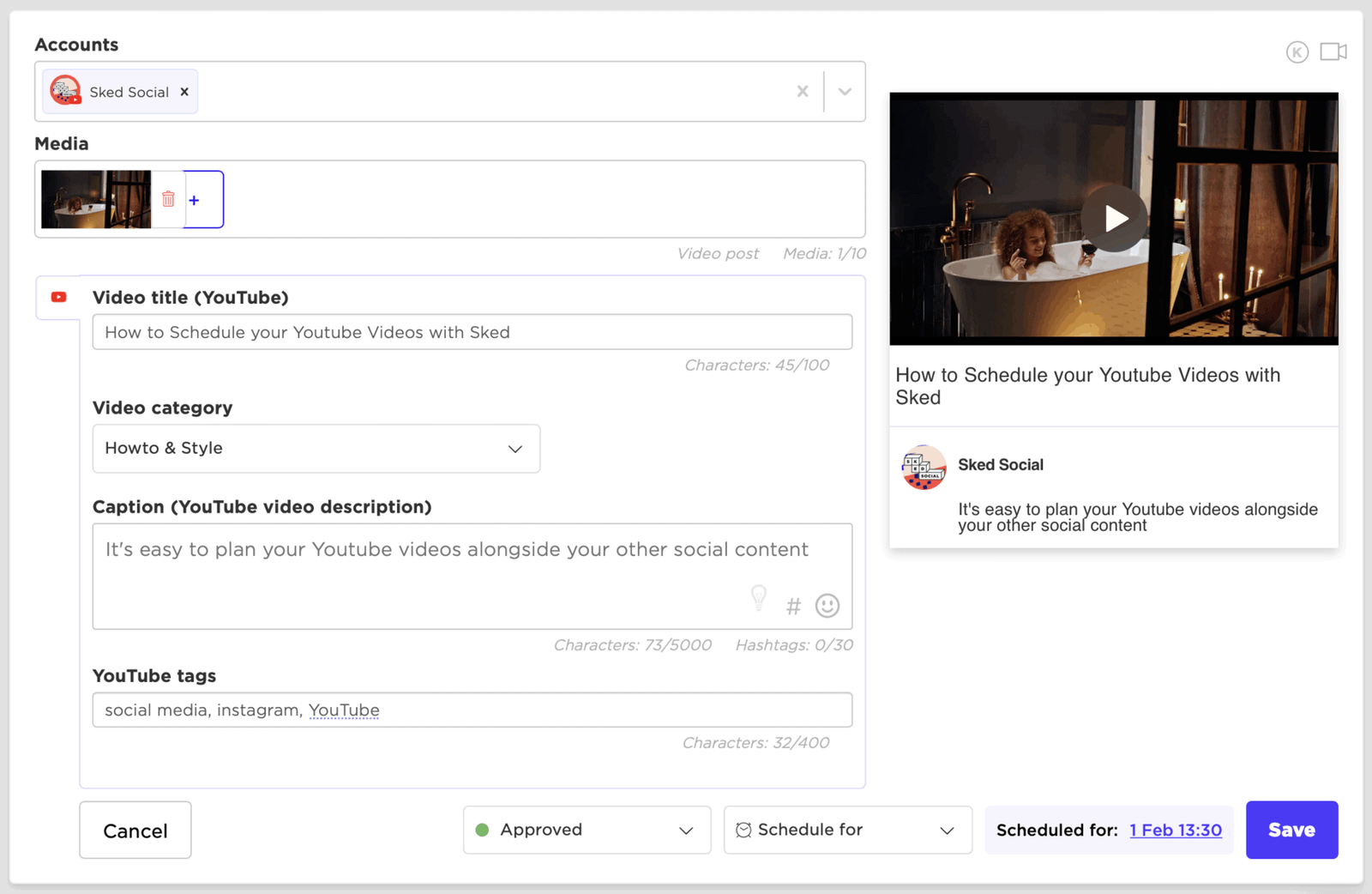 Sked Social post composer with YouTube fields for title, category, caption and tags, plus preview.