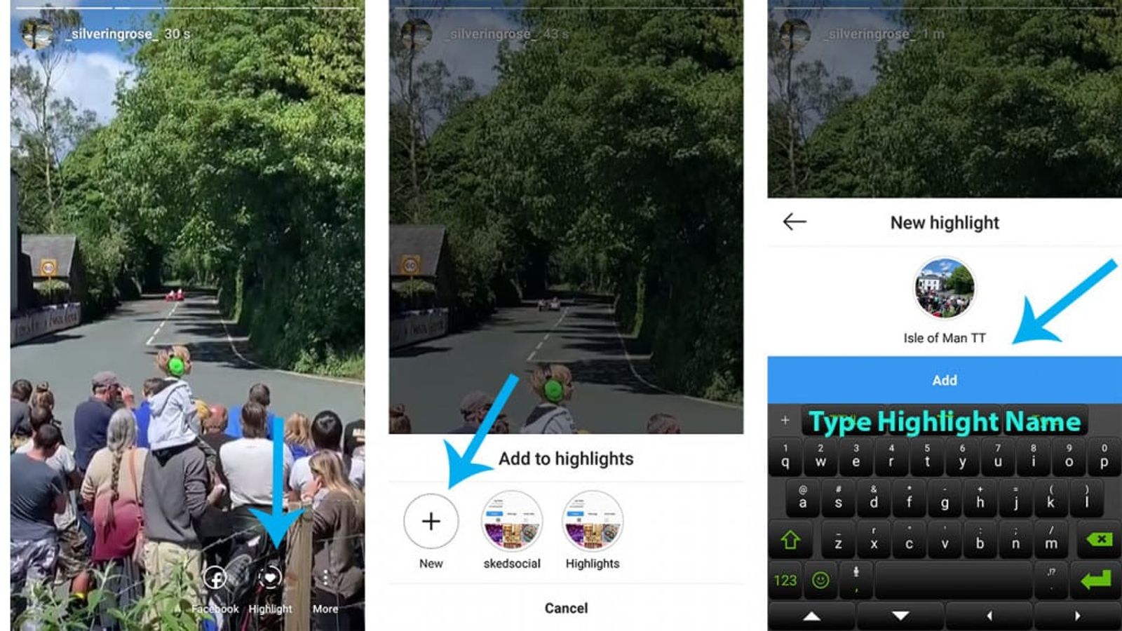 Instagram Story screens showing the Highlight button, Add to Highlights menu, and naming a new highlight.