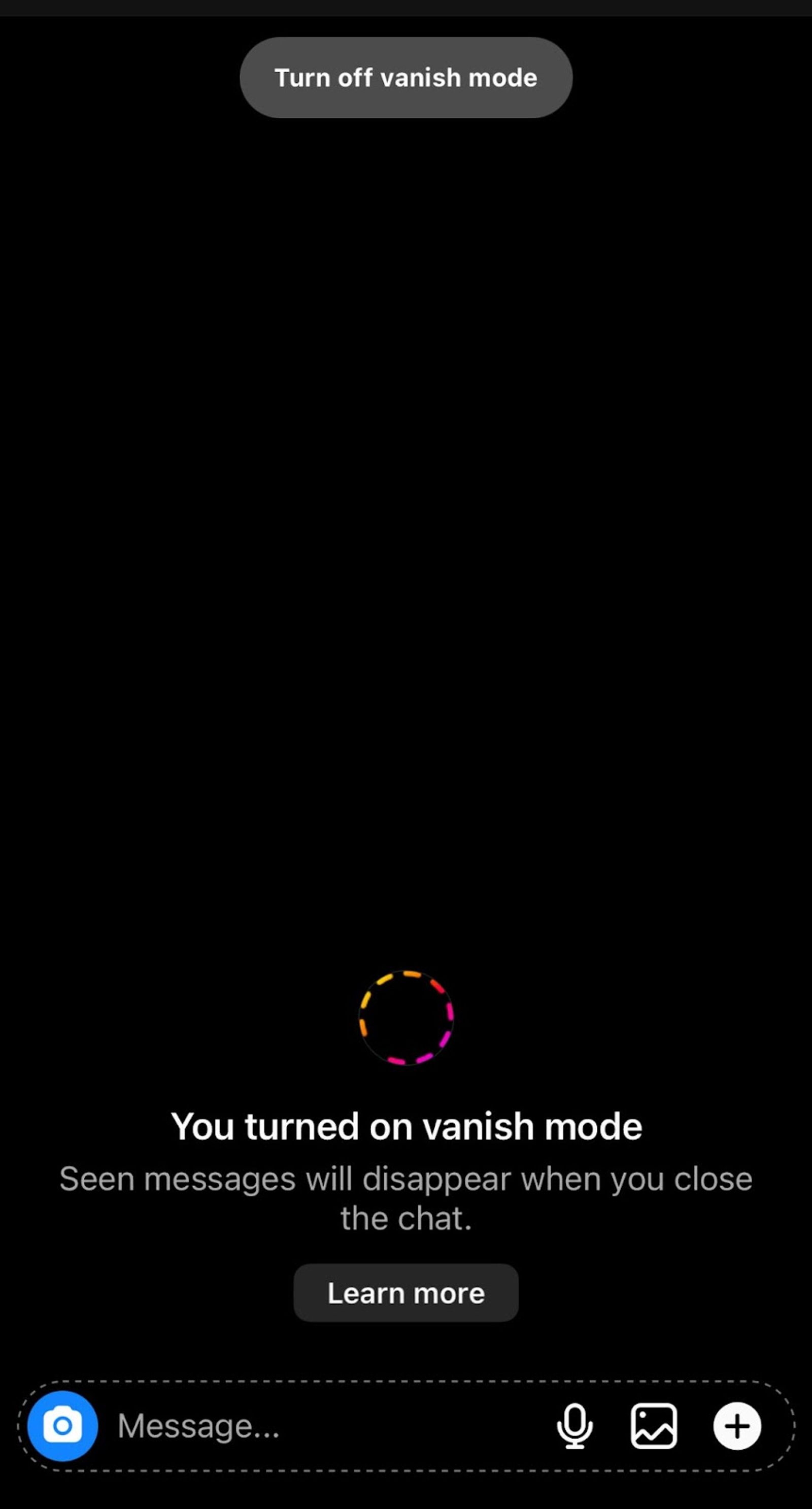 Instagram DM screen darkened with a message confirming vanish mode has been turned on.