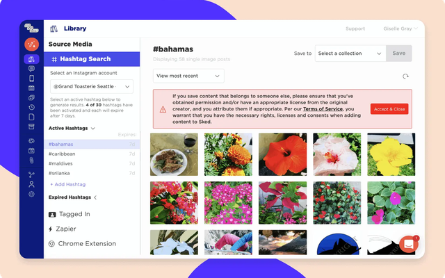 Interfaz de búsqueda por hashtag de Sked Social con resultados de imágenes recopiladas para la etiqueta bahamas
