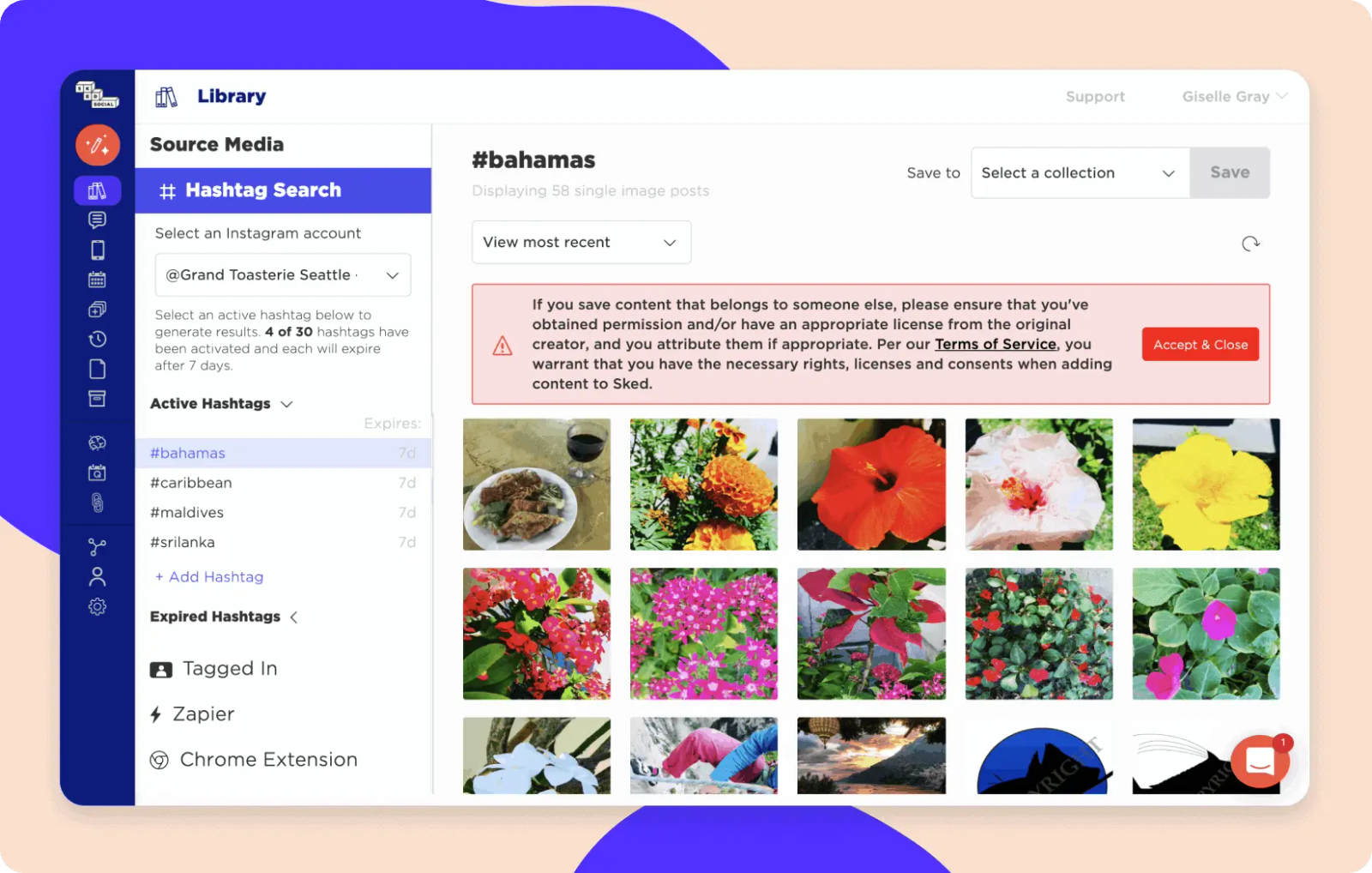 Sked Social hashtag search interface showing image results collected for the tag bahamas