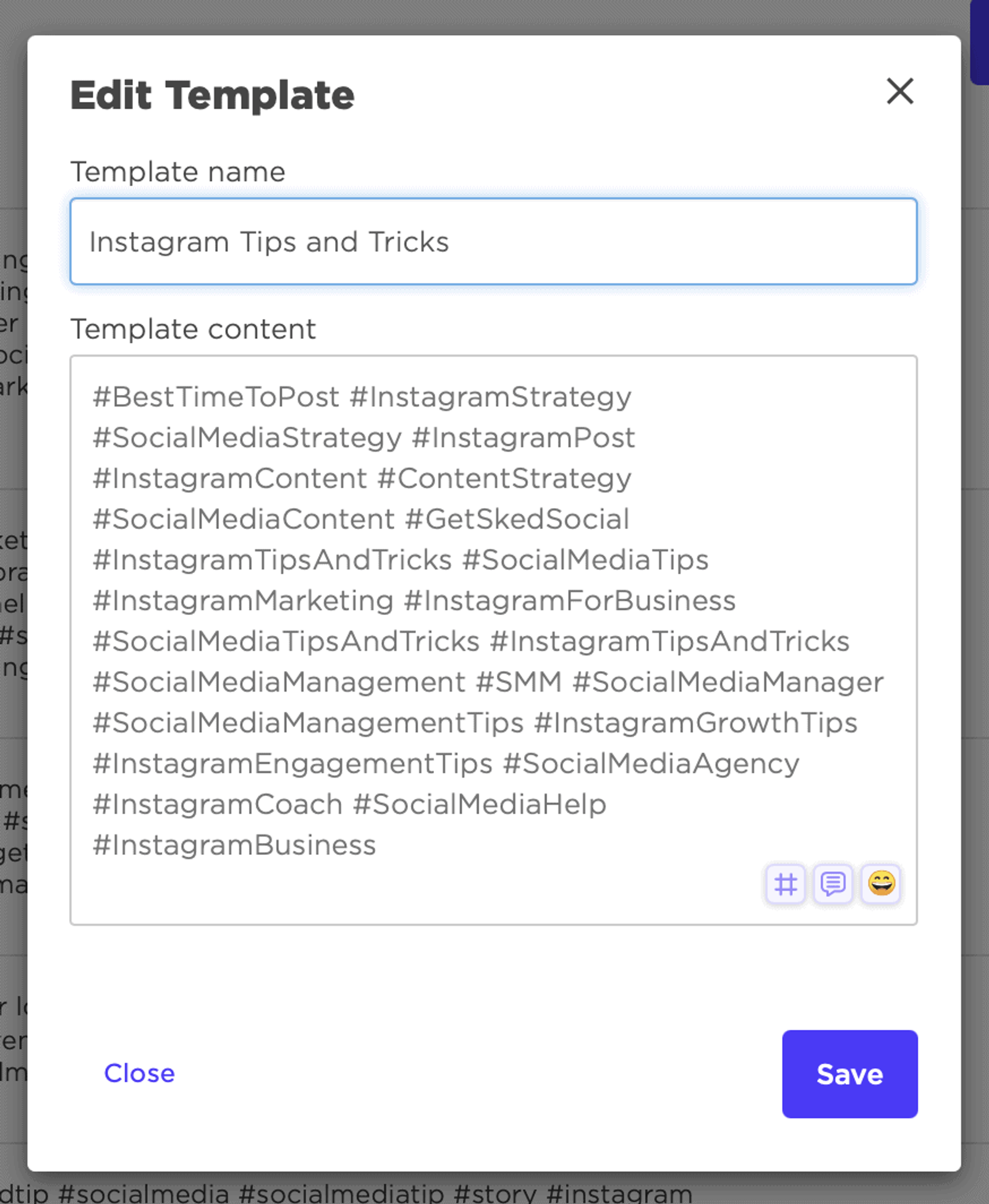 Cuadro de edición de plantilla en Sked Social con una plantilla nombrada y una lista de hashtags