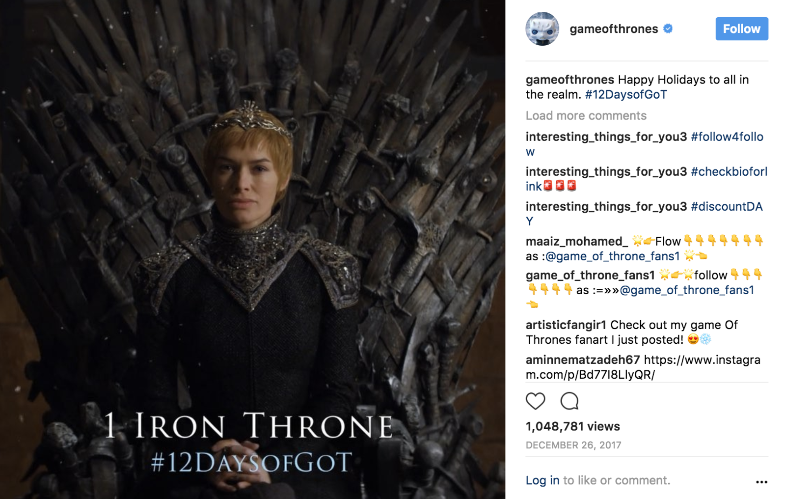 Publicación de Instagram de gameofthrones con un personaje en el Trono de Hierro, con el texto 1 Iron Throne #12DaysofGoT