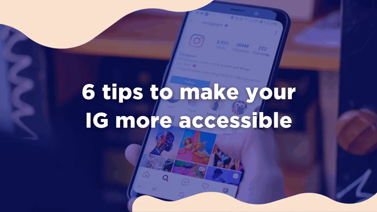 Hand holding a phone showing an Instagram profile with a grid of colorful photos, over a blue overlay.