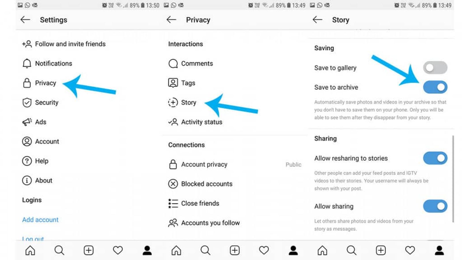 Instagram settings screens showing navigation to Privacy, Story, and the Save to archive toggle enabled.