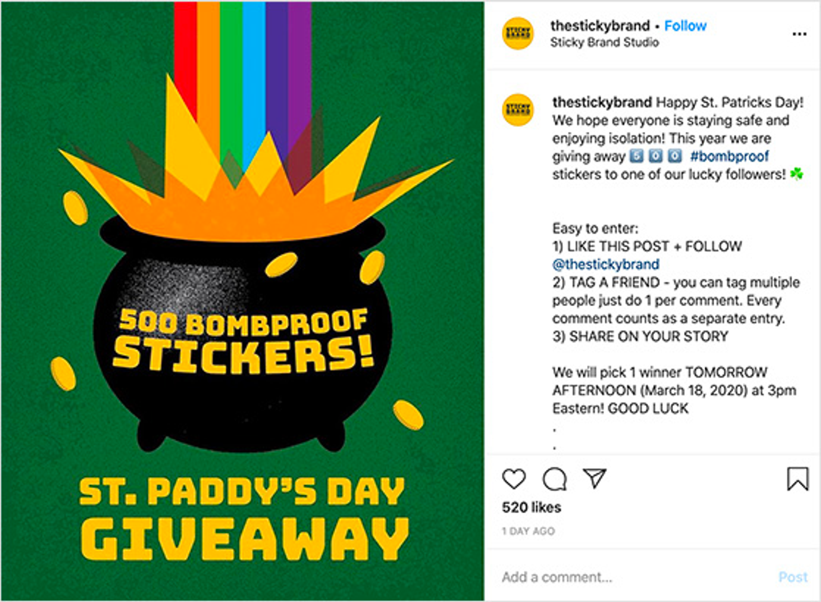 Instagram post from thestickybrand showing a cauldron graphic for a St. Paddy's Day sticker giveaway.