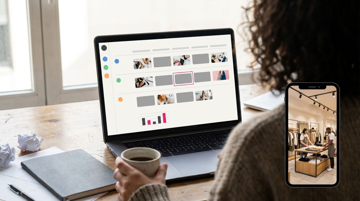 Interfaz de un calendario de contenido con publicaciones programadas agrupadas por sede, un panel lateral con las cuentas de cada sede y una tarjeta de resumen de informes