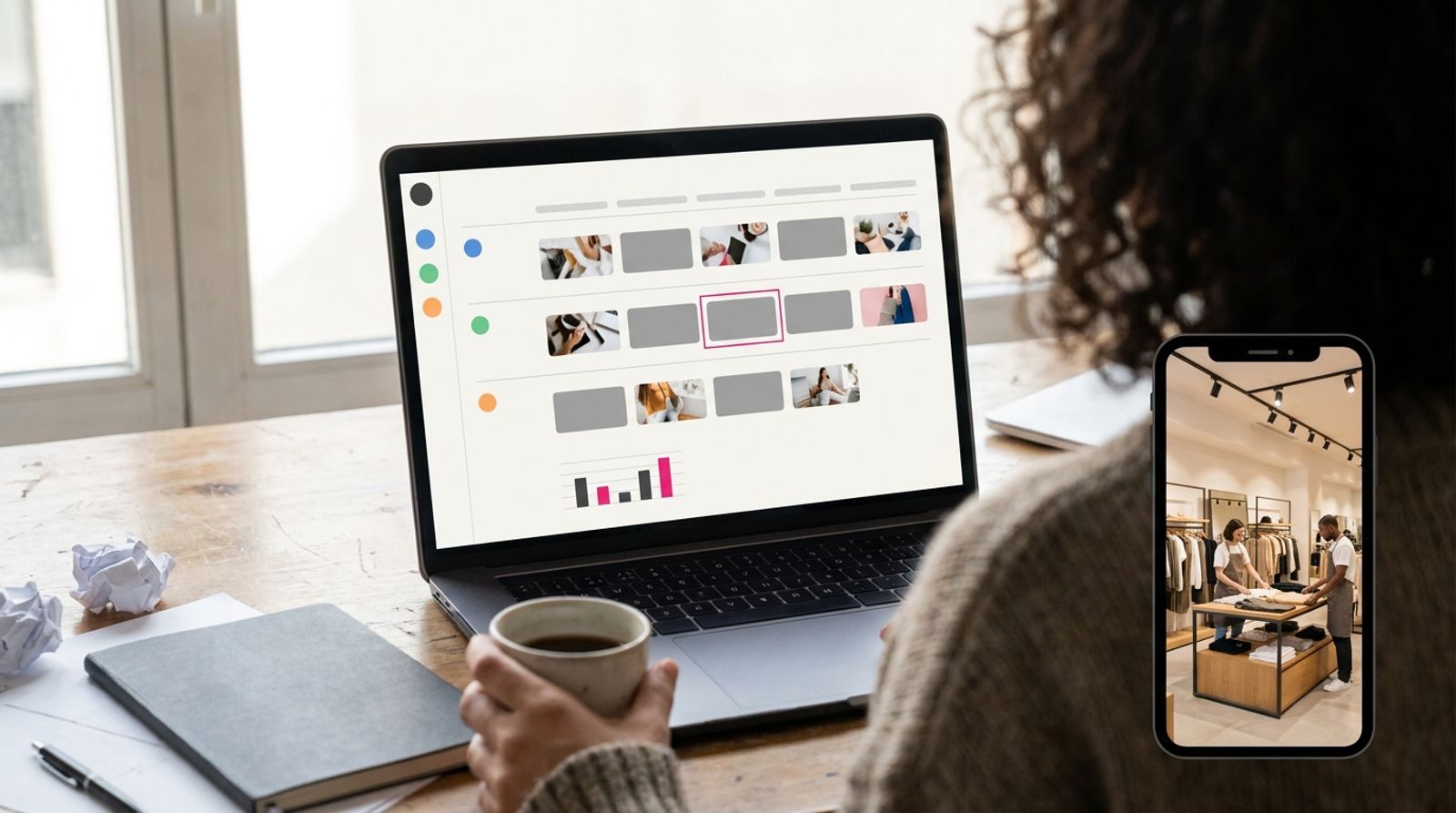 Interfaz de un calendario de contenido con publicaciones programadas agrupadas por sede, un panel lateral con las cuentas de cada sede y una tarjeta de resumen de informes