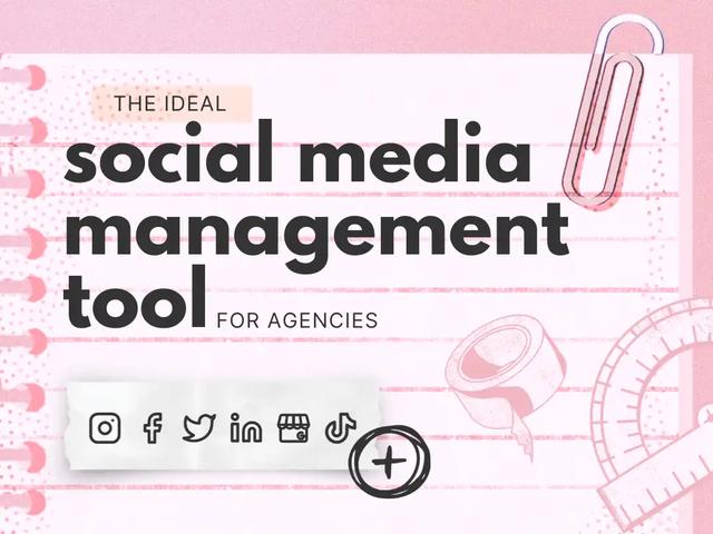 Cuaderno ilustrado con texto sobre la herramienta ideal de redes sociales para agencias e iconos de apps.