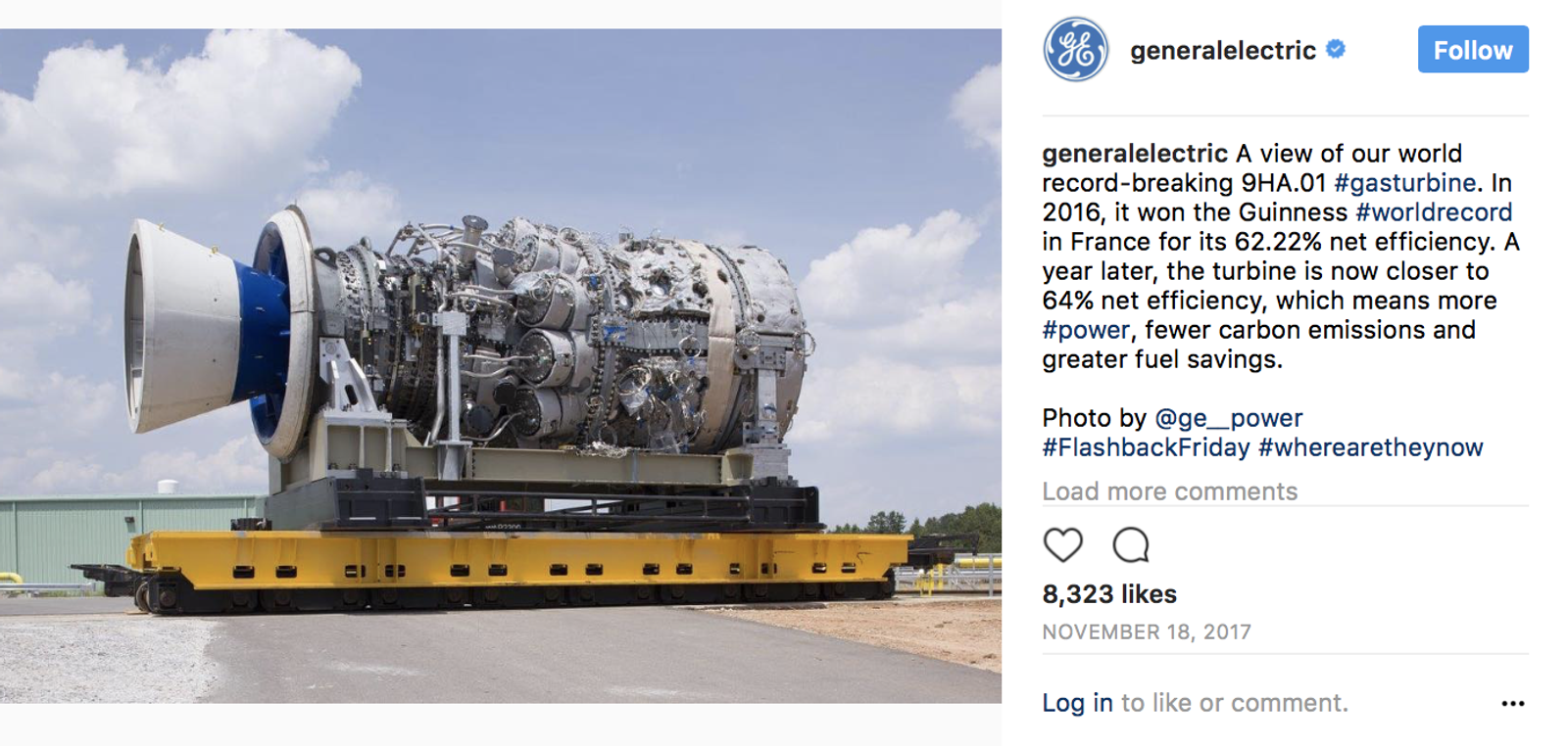 Publicación de Instagram de General Electric con una gran turbina de gas sobre una plataforma, con leyenda y me gusta.