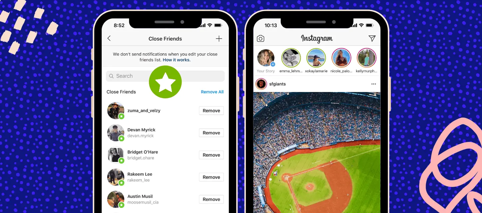 Dos pantallas de teléfono con la lista de amigos íntimos de Instagram y un feed de historias con anillos verdes
