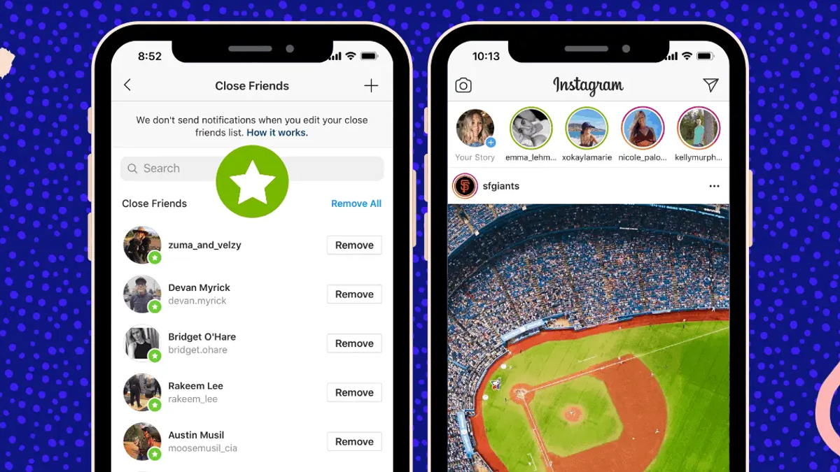Two phone screens showing an Instagram close friends list and a story feed with green ring icons