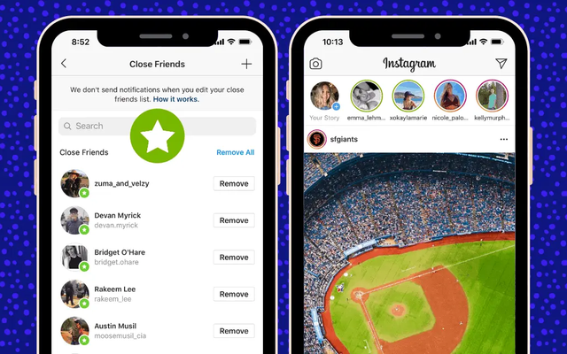 Two phone screens showing an Instagram close friends list and a story feed with green ring icons