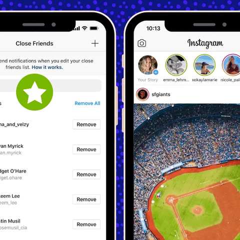 Two phone screens showing an Instagram close friends list and a story feed with green ring icons