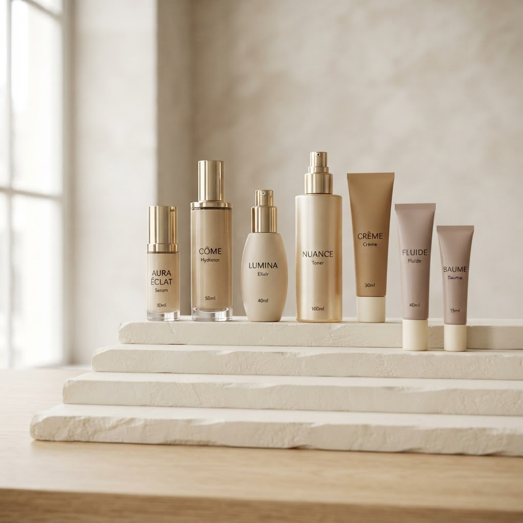 A curated selection of neutral cosmetic packaging components for beauty product development
