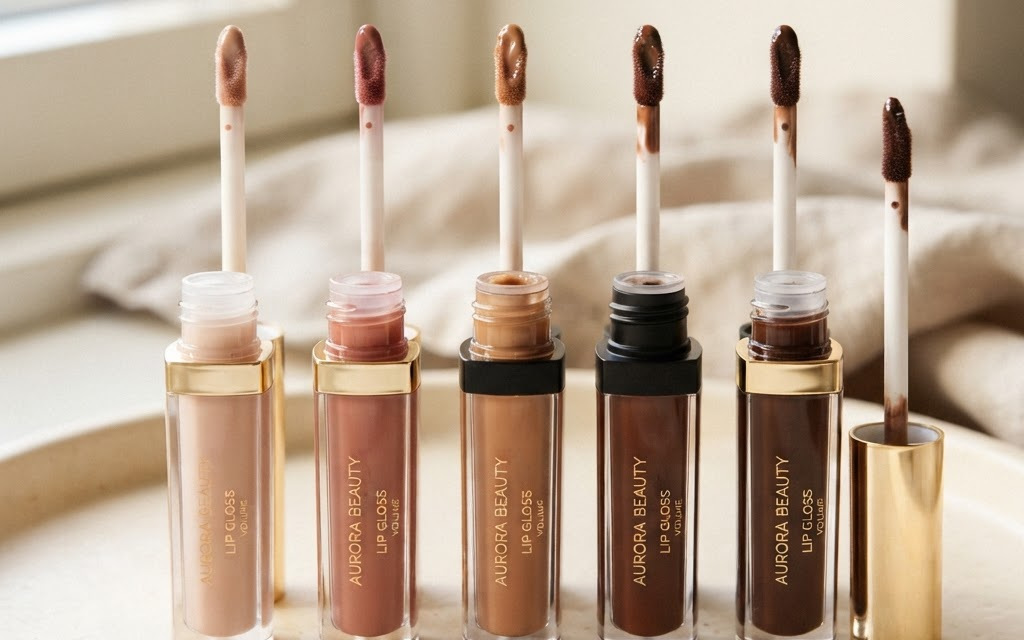 Lip gloss applicator and cosmetic swatches showing different formula viscosities