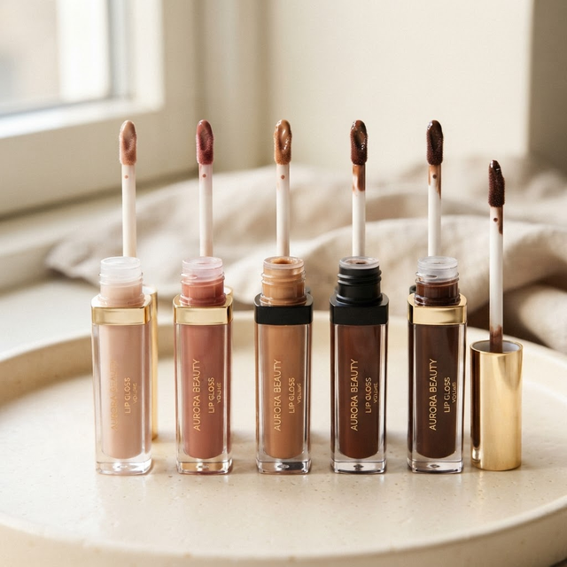 Lip gloss applicator and cosmetic swatches showing different formula viscosities
