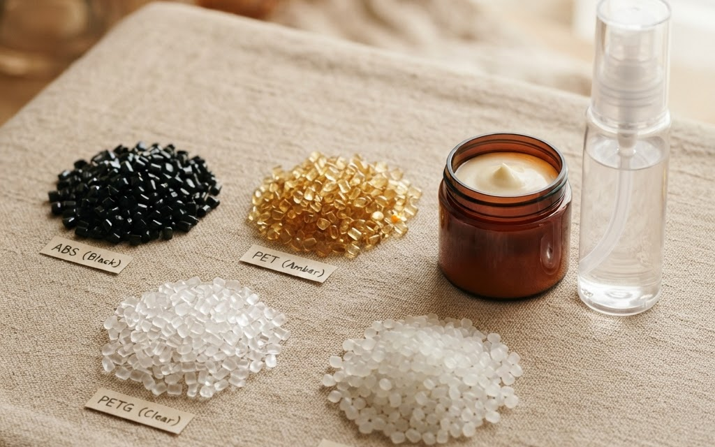Cosmetic packaging components showing different plastic materials and surface characteristics