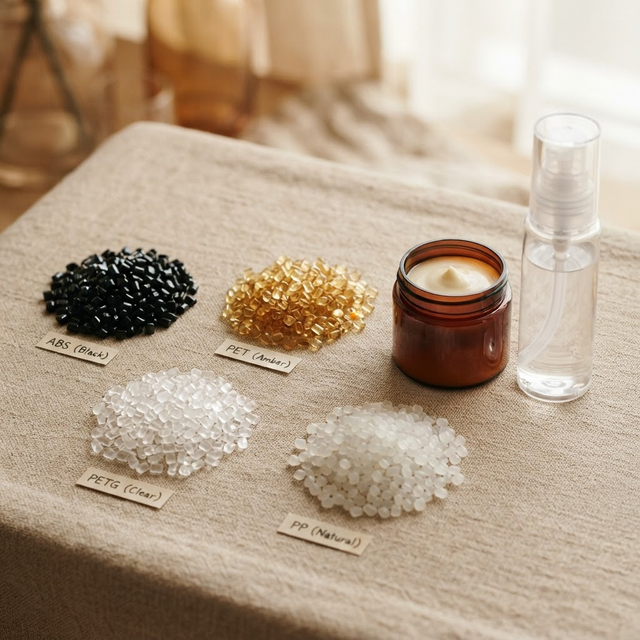 Cosmetic packaging components showing different plastic materials and surface characteristics