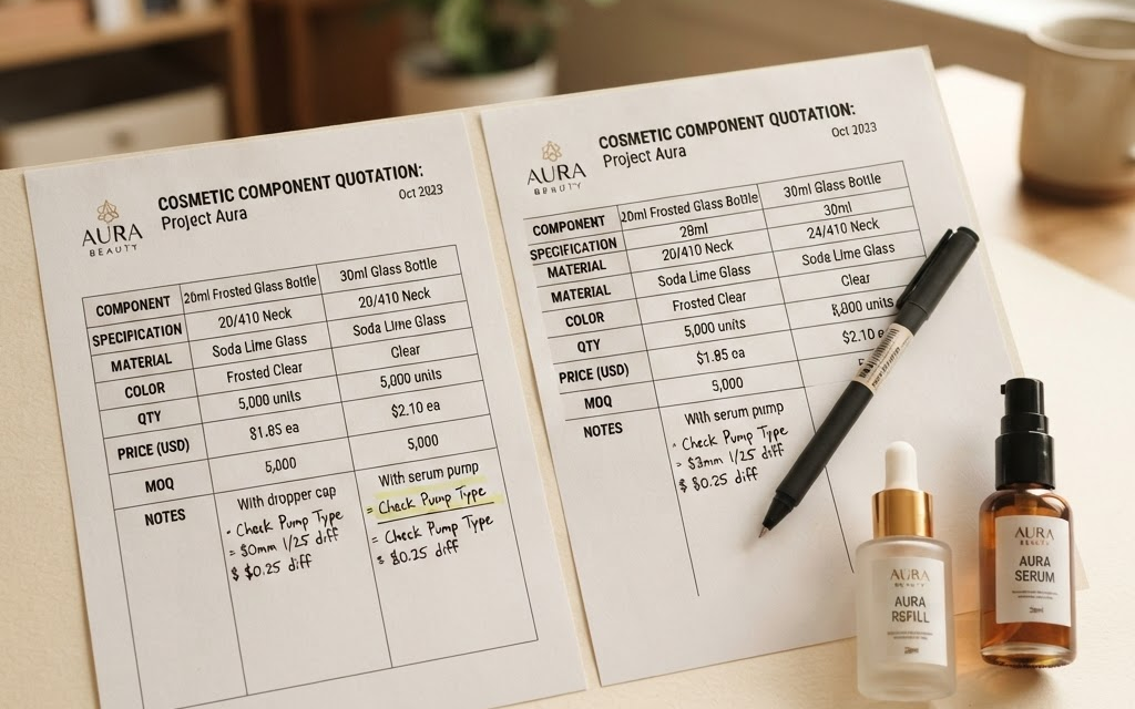 Cosmetic packaging components illustrating minimum order quantity options