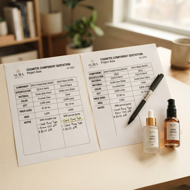 Cosmetic packaging components illustrating minimum order quantity options