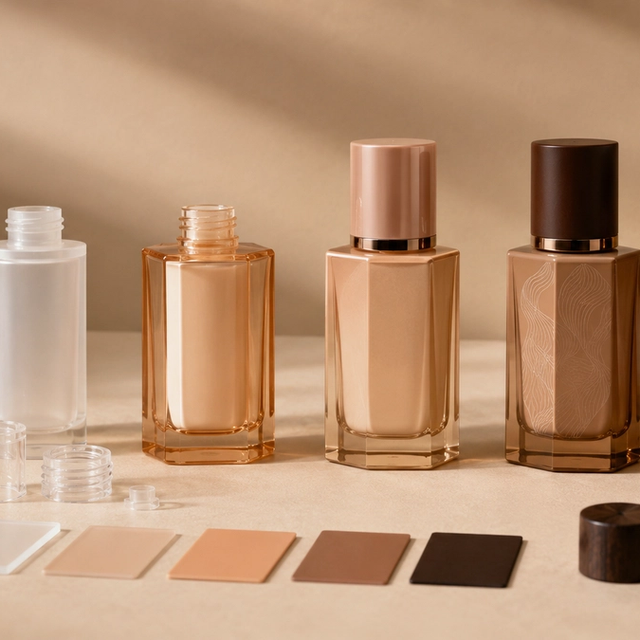 Cosmetic packaging sample review with components, material references and inspection tools