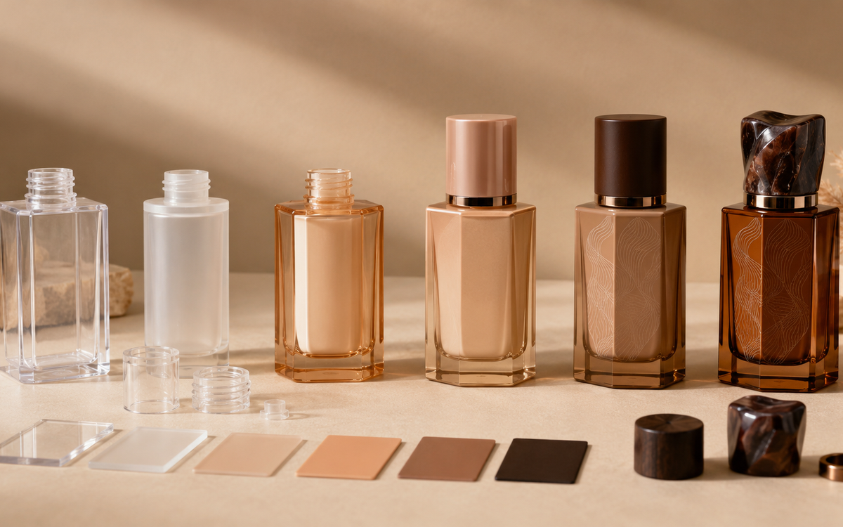 Cosmetic packaging sample review with components, material references and inspection tools