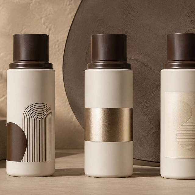 Cosmetic bottles comparing direct printing, metallic hot stamping and label decoration