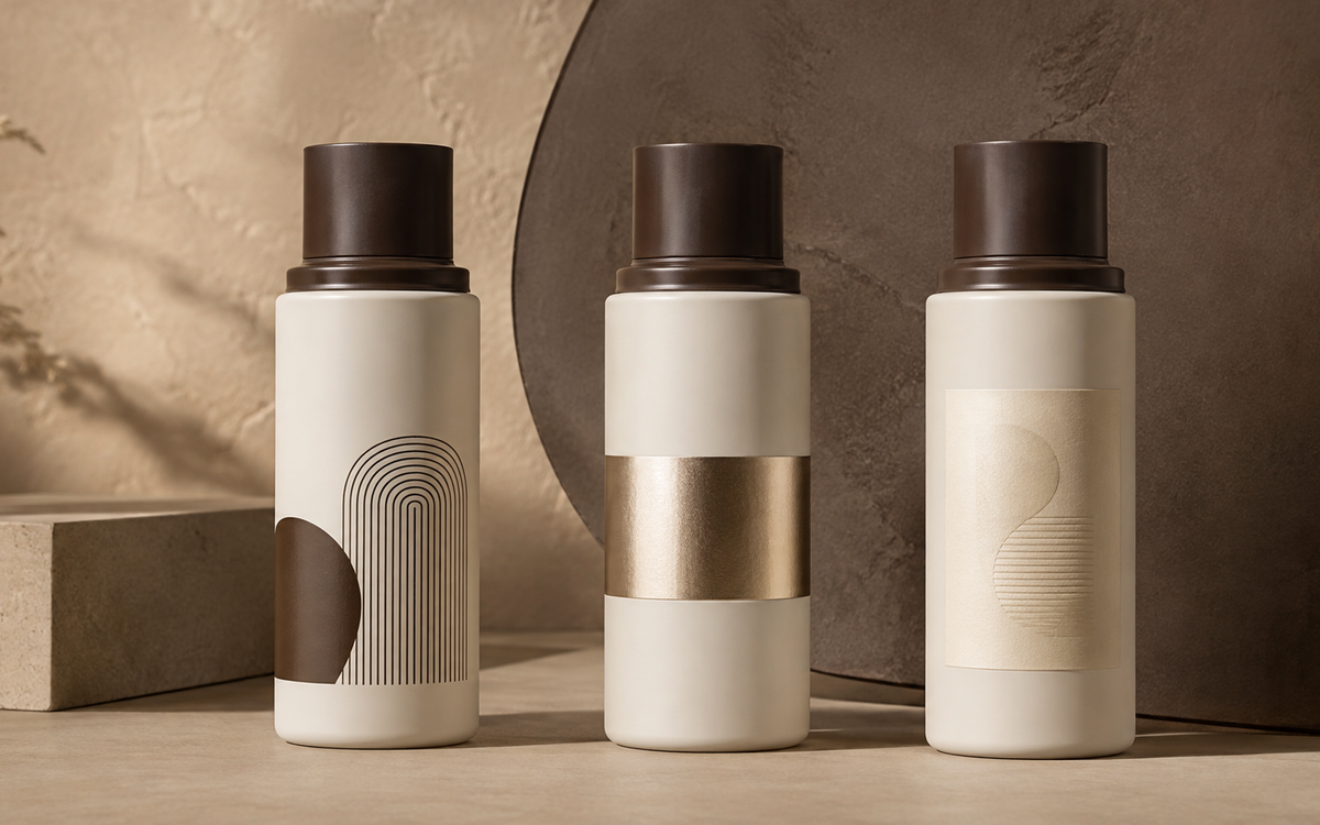 Cosmetic bottles comparing direct printing, metallic hot stamping and label decoration