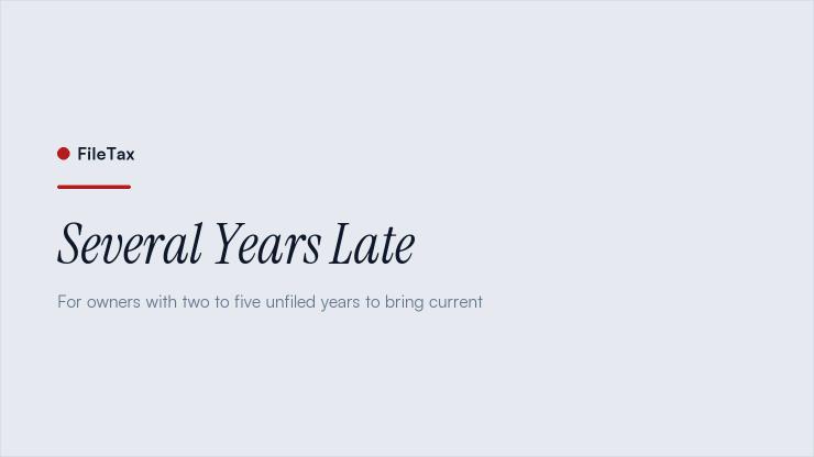 FileTax article card: Several Years Late. For owners with two to five unfiled years to bring current.