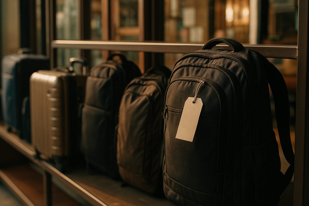 A neat row of stored suitcases on secure shelving with a luggage tag in focus