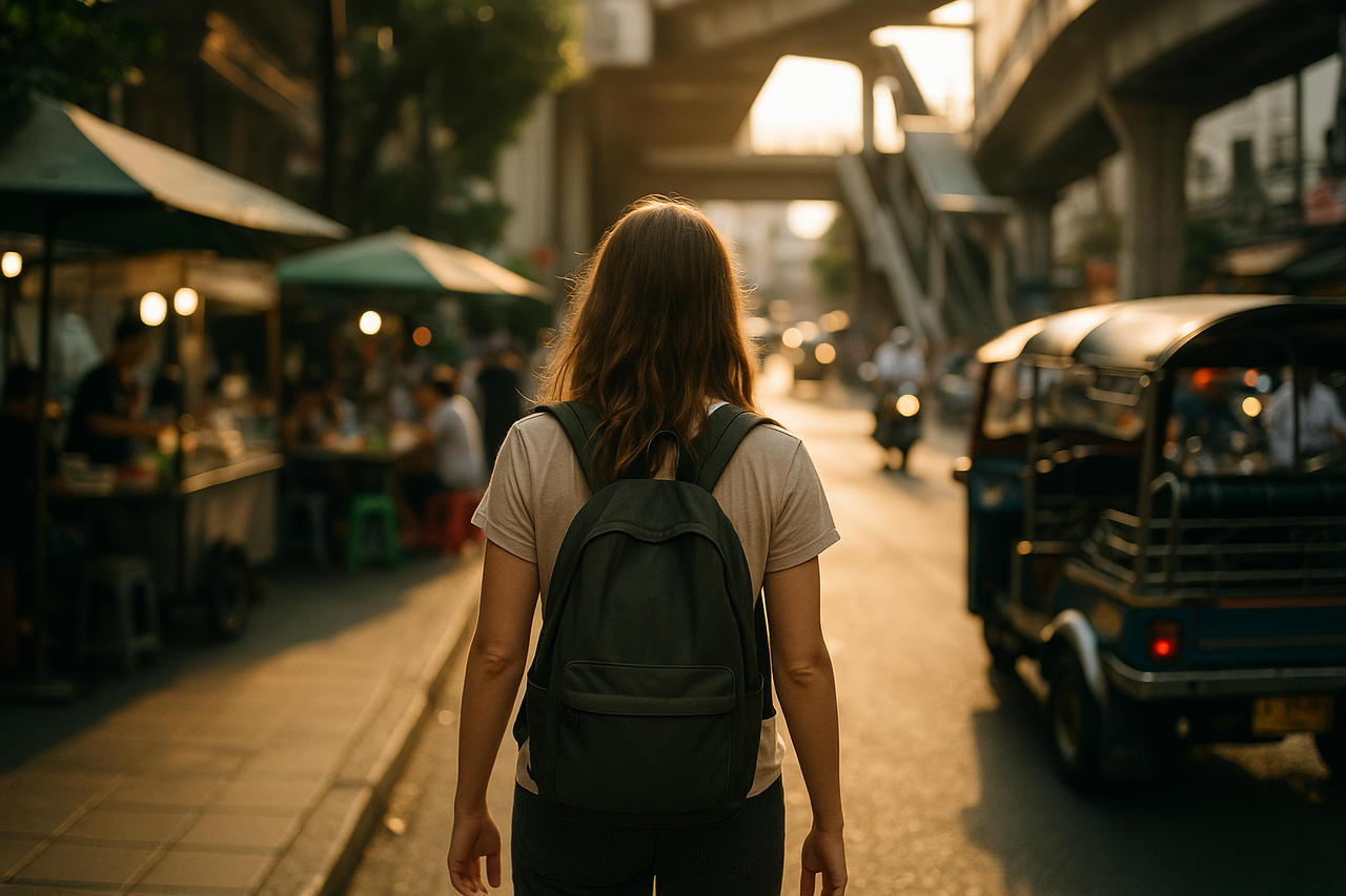 A traveller walking light and hands-free through a lively Bangkok street near a BTS entrance at golden hour