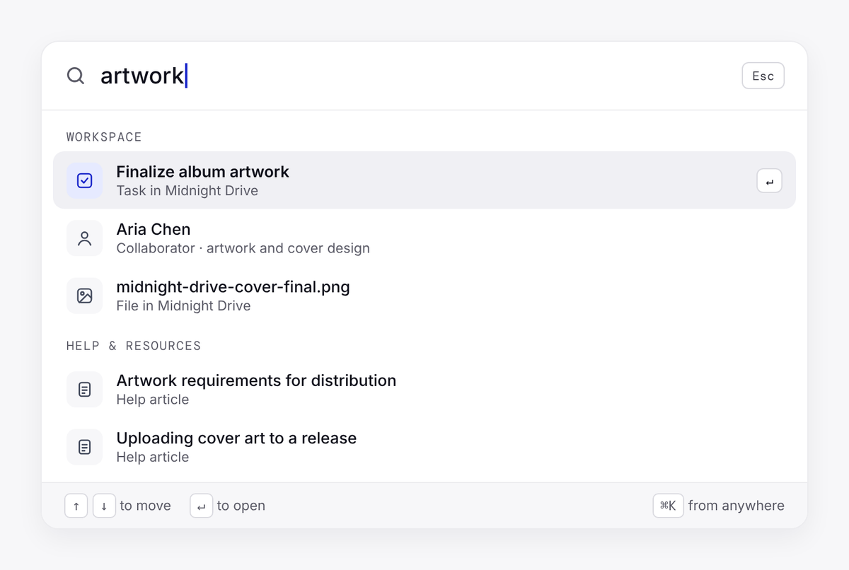 Searching for artwork from the melabel command palette, with tasks, collaborators, files and help articles