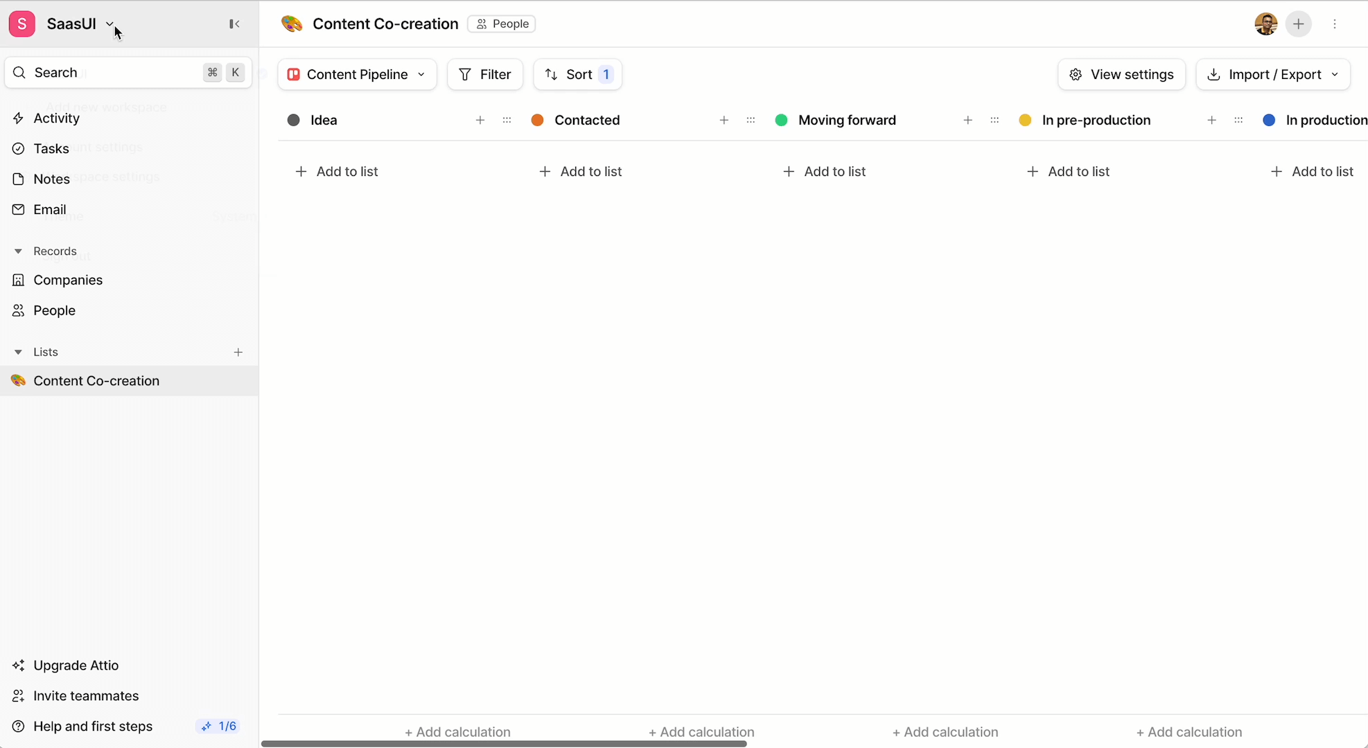 Attio CRM Kanban-style pipeline board showing custom stages and record cards