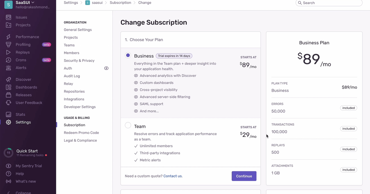 Sentry Billing UI: Real Screenshots & UX Patterns | SaaSUI
