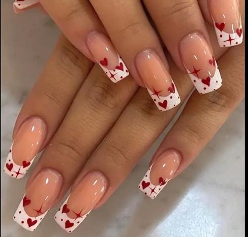 White Red Heart Pattern and Dot Cover Nails.