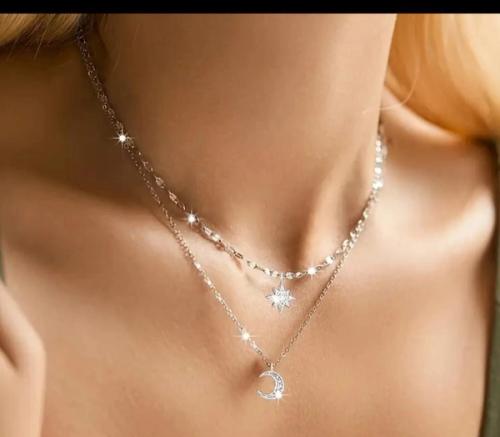 Doubled Layered Moon and Star Necklace.