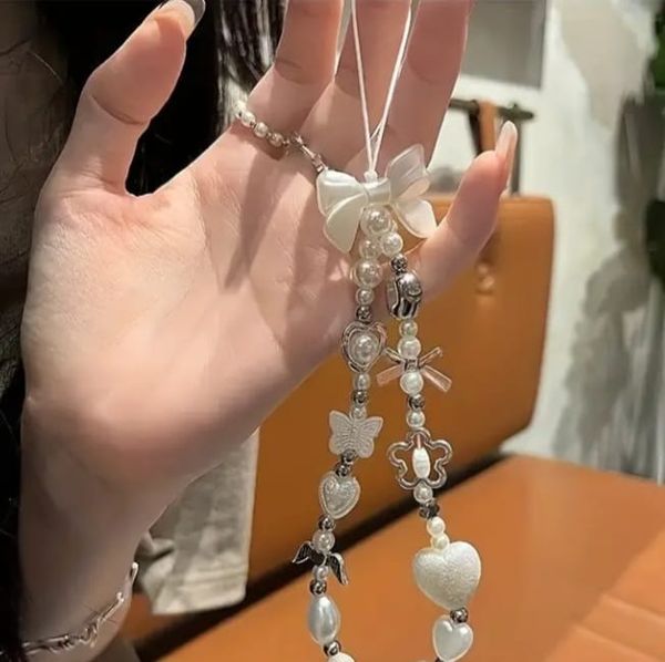 Y2K White Heart Bow Phone Lanyard.