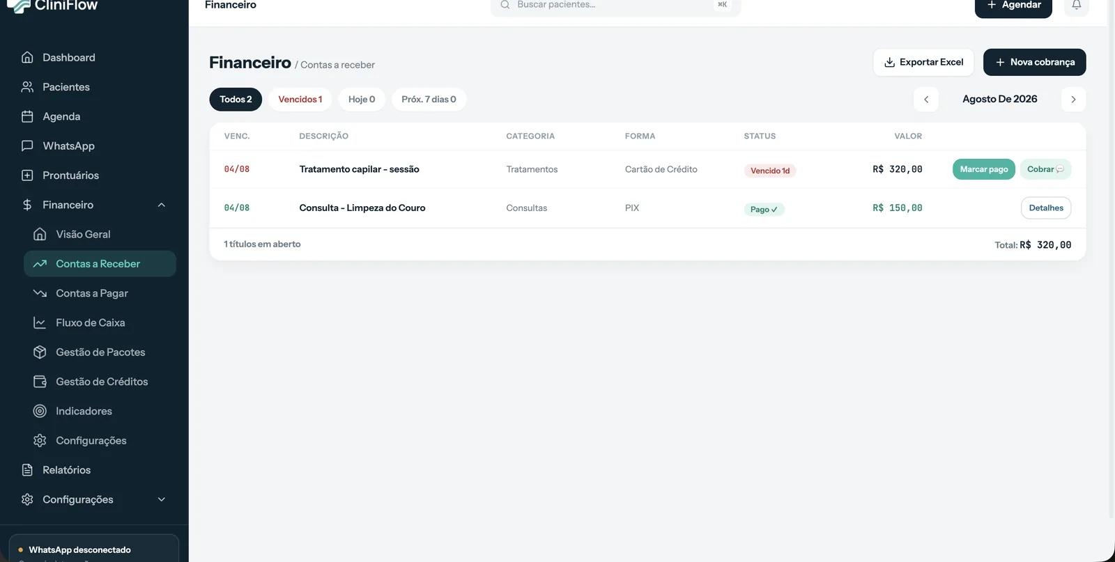 Contas a receber: recebidos e em aberto