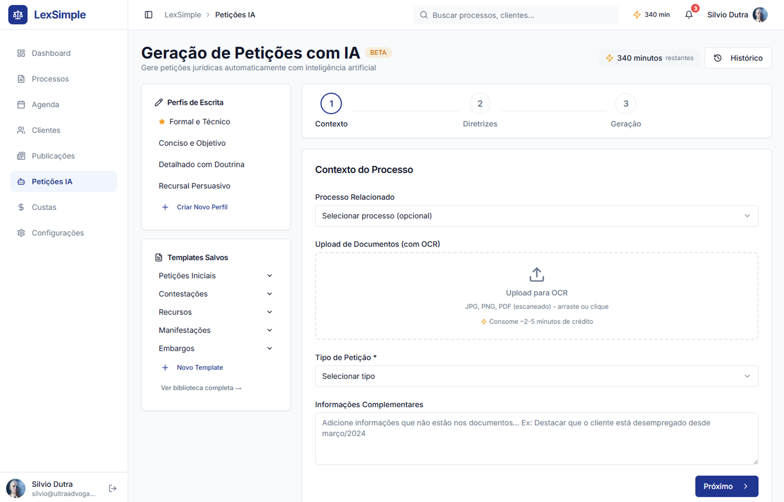 Petições com IA: template, variáveis e OCR