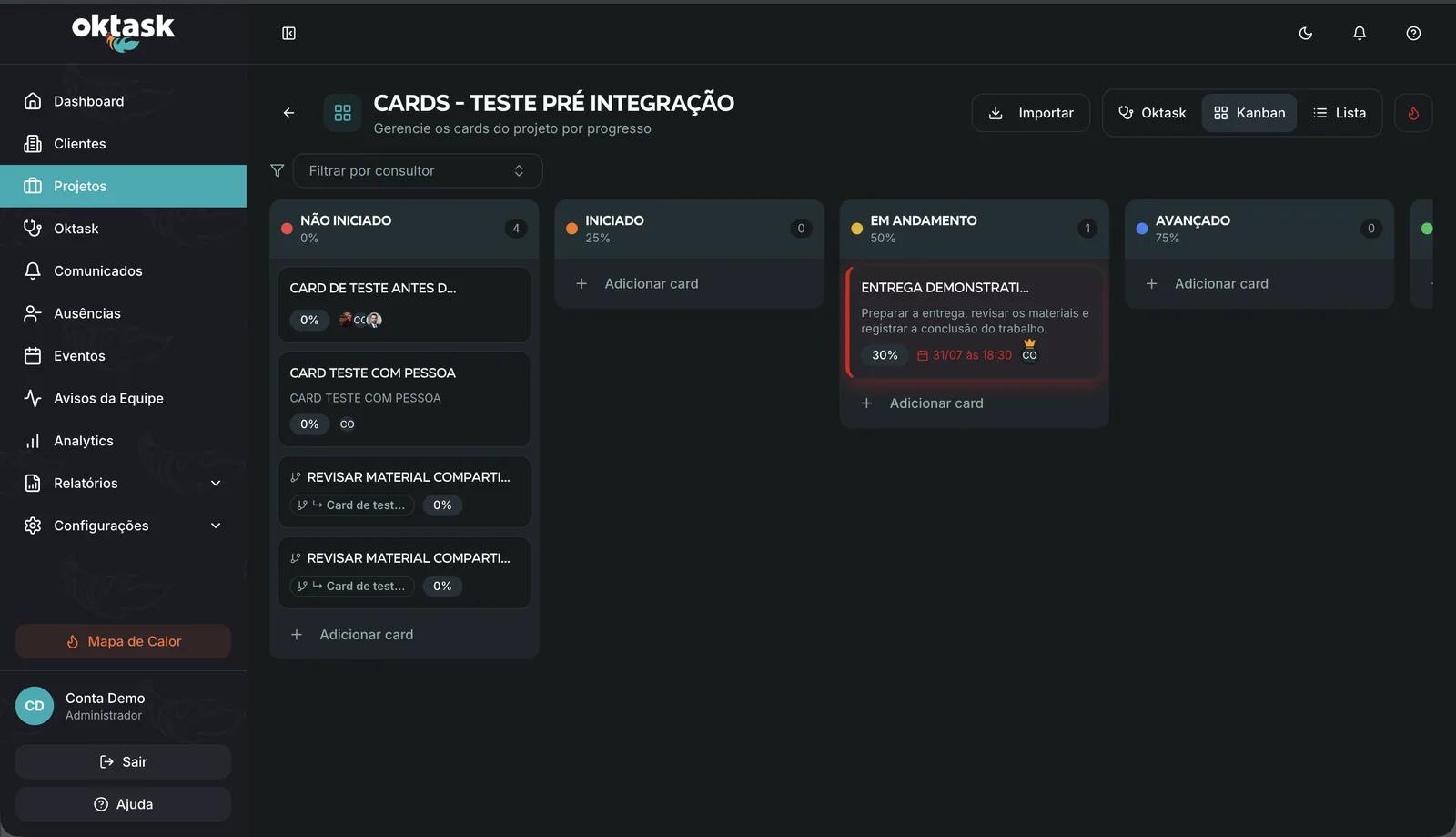 Kanban com progresso por pessoa e prazos