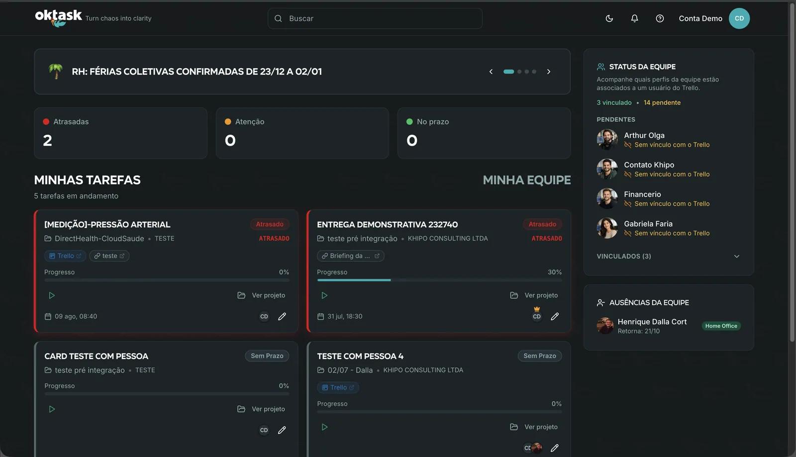Dashboard principal com tarefas, equipe e comunicados