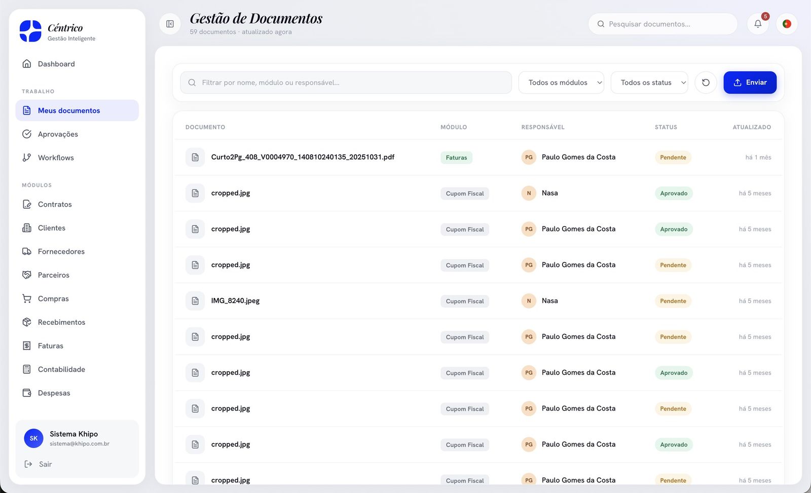 Acervo pesquisável por nome, módulo, responsável e status