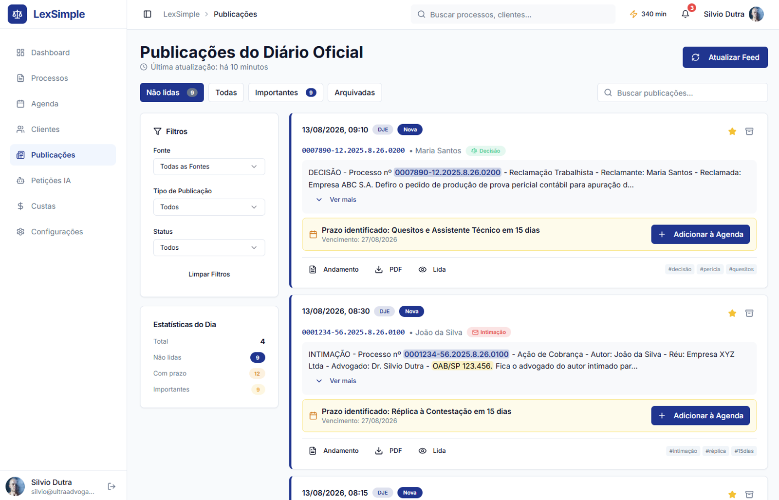 Publicações: Acompanhe as publicações dos processos.