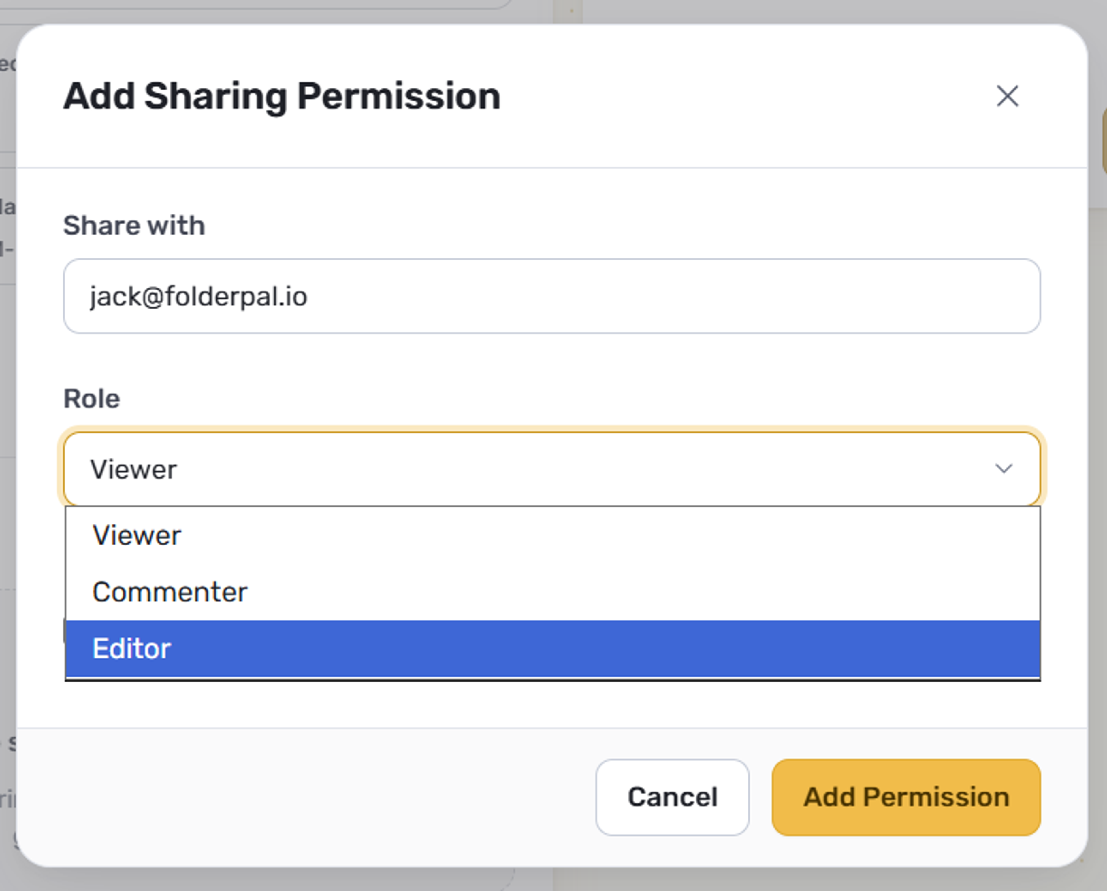 Modal titled Add Sharing Permission with Share and Role fields
