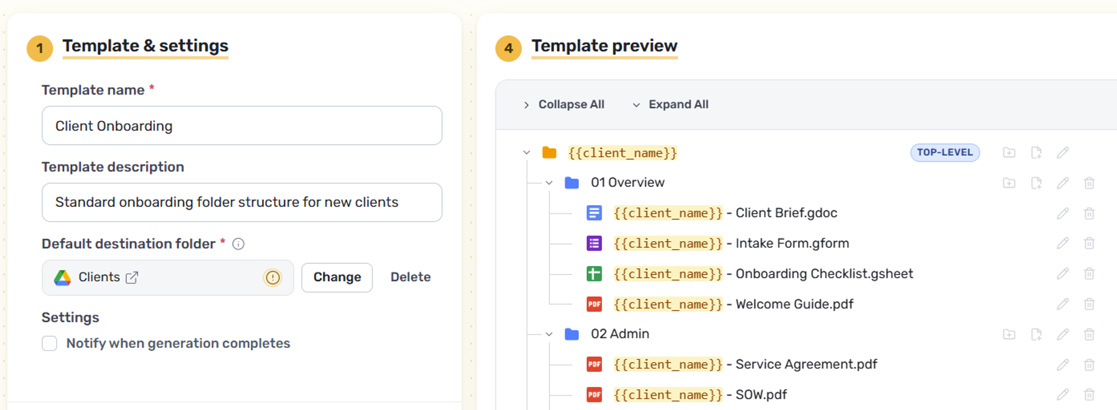 FolderPal app screen with template & settings fields and template preview panel