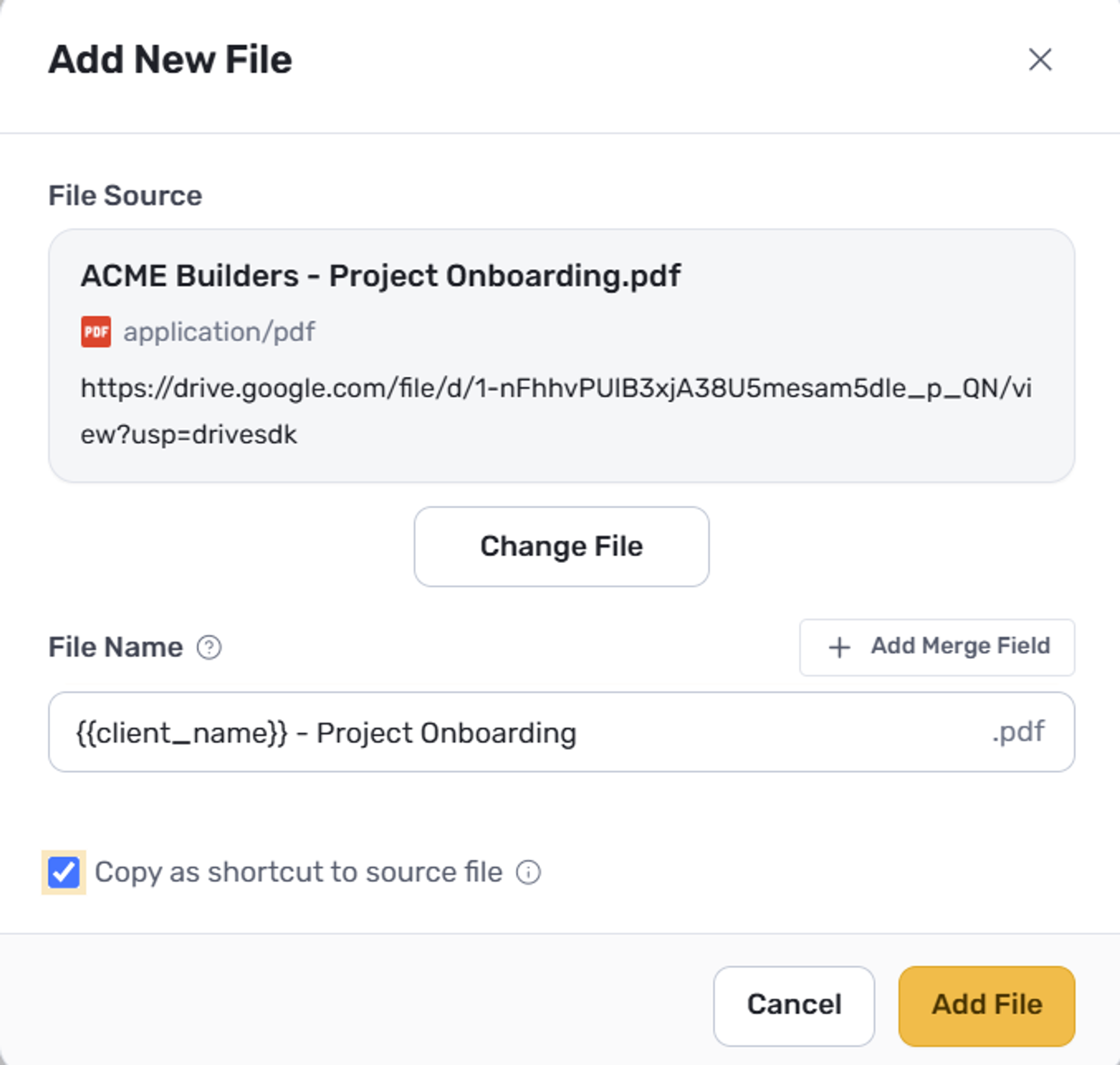 Add New File modal showing file source, file name, and shortcuts checkbox