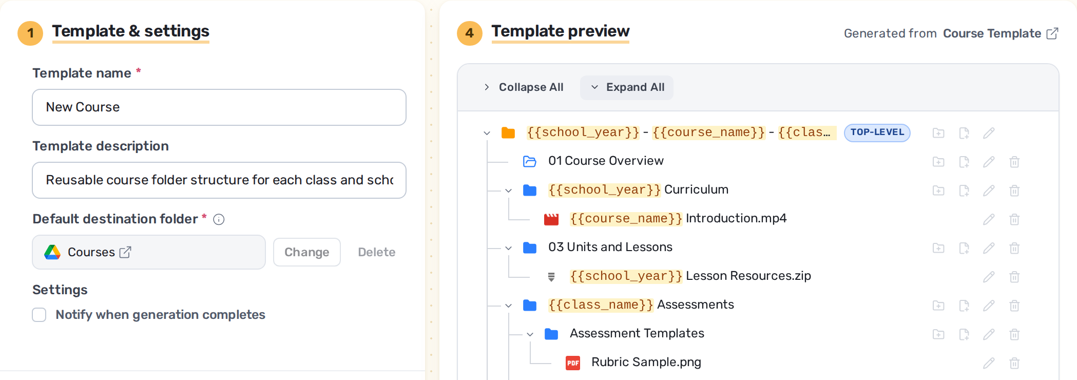 New Course template editor showing course settings and a preview with school year, course name, and class name merge fields