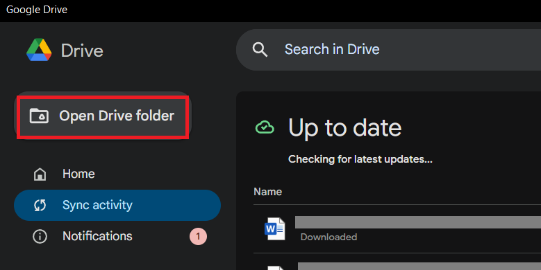 Open your Drive folder from the desktop app Google Drive app home page with Open Drive folder highlighted