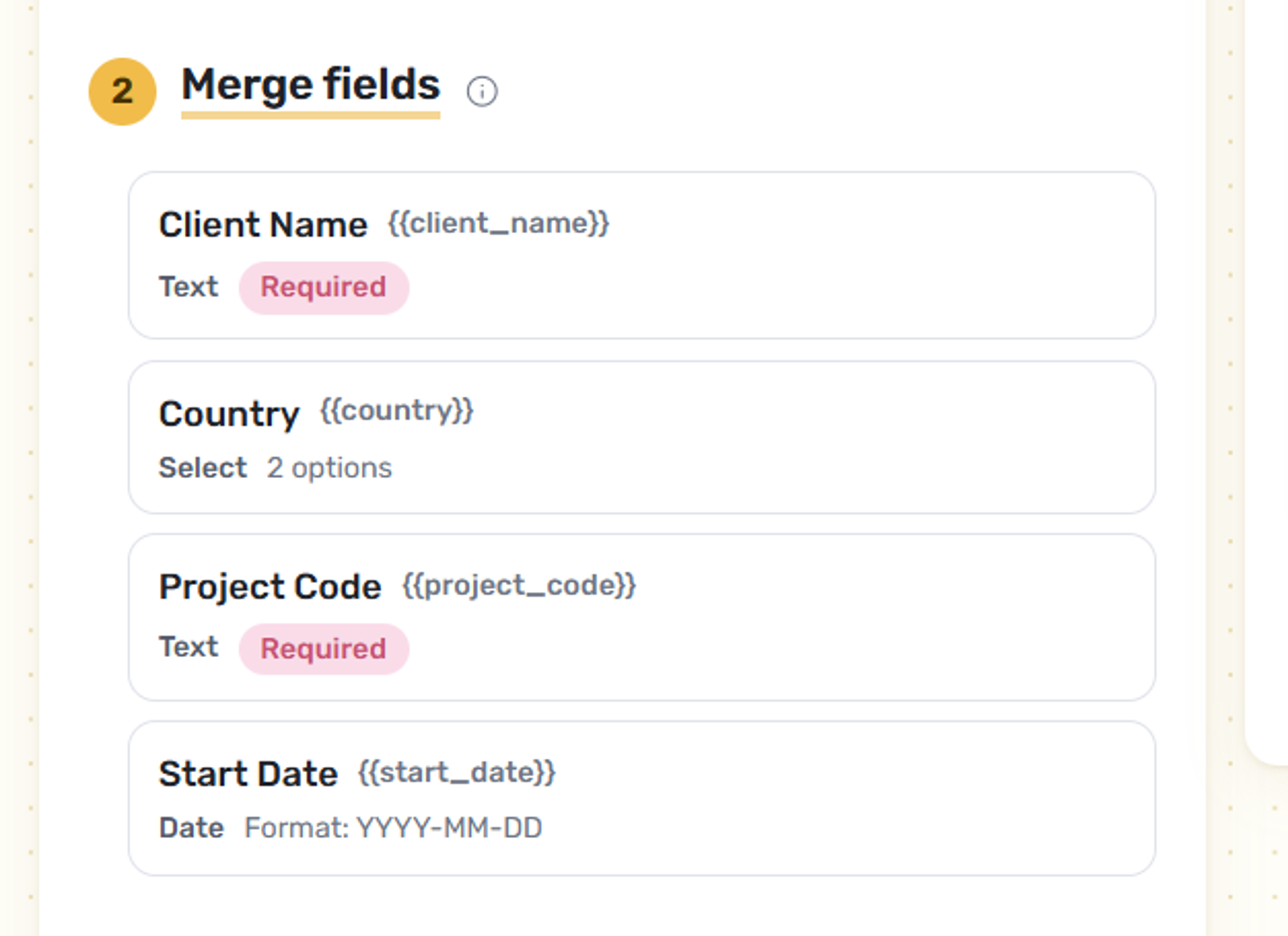 Merge field section with merge field names, type, and required status